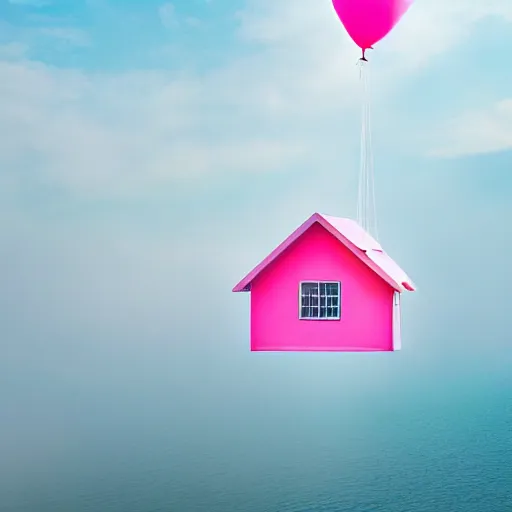 Image similar to a 5 0 mm lens photograph of a cute pink floating modern house, floating in the air between clouds, inspired by the movie up, held up from above by a heart - shaped ballon. mist, playful composition canon, nikon, award winning, photo of the year