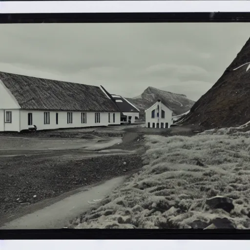 Prompt: a small icelandic village in the 2 0 th century, wide shot, polaroid