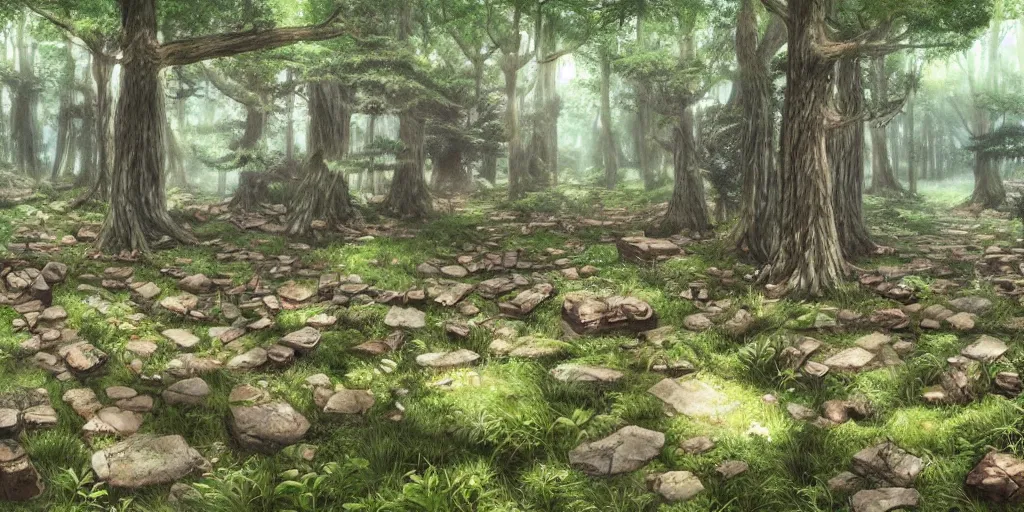 Image similar to a beautiful spiritual forest panorama concept art, with rune stones on the ground, by masanori warugai and kentaro miura