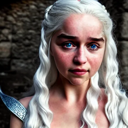 Image similar to a selfie of daenerys targaryen and a cosplay of daenerys targaryen, medium shot, detailed eyes,