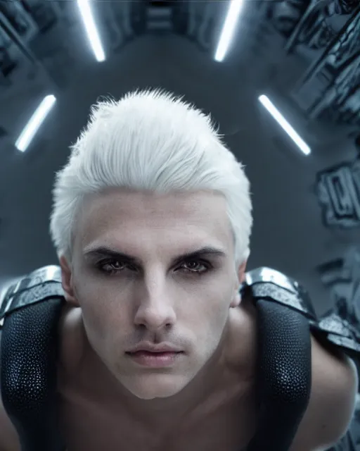 Prompt: perfect white haired egyptian male god, brute, nanosuit armor, beautiful, symmetric, dreamy, half african, black salamander eyes, charlize theron, detailed, scifi platform, laboratory, experiment, 4 k, ultra realistic, epic lighting, android body, illuminated, cinematic, masterpiece, art by akihito tsukushi, voidstar