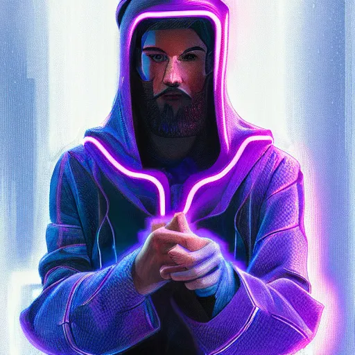 Image similar to a portrait of an ultradetailed futuristic male cyberpunk wearing a hoodie on his head, bearded, deep blue eyes, by dylan kowalski, 8 k, purple neon colours, digital painting