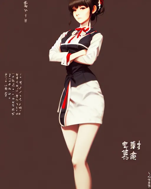 Image similar to full body shot of a beautiful tea hostess woman in work attire, art by saruei and guweiz and ilya kuvshinov, digital art, highly detailed, intricate, sharp focus, trending on artstation hq, deviantart, pinterest, unreal engine 5, 4 k uhd image