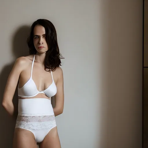 Prompt: a woman posing in her Firenze bedroom, wearing a white bra and white panties, photo by Marat Safin