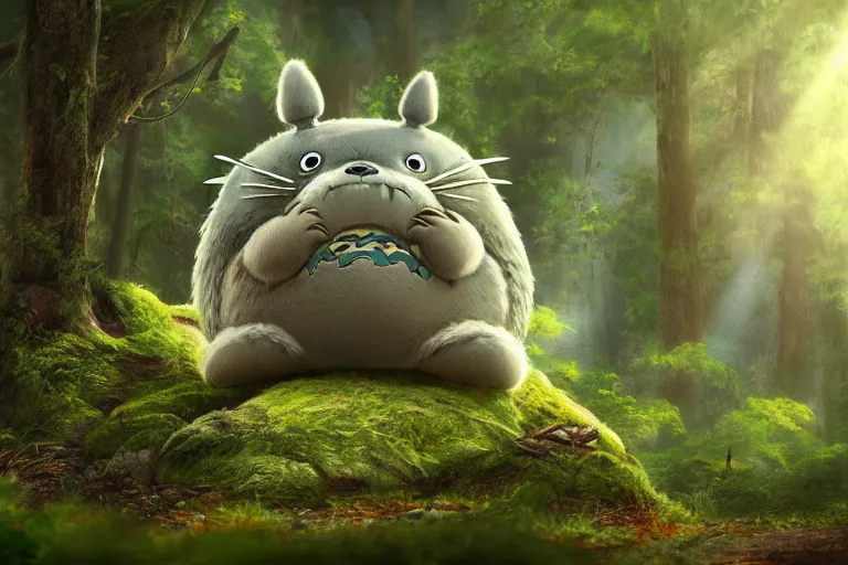 Prompt: photorealistic Totoro sitting in a forest, fantasy, CGI, animated movie, high detail, god rays, Trending on artstation, artstationHD, artstationHQ