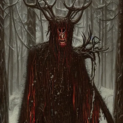 Prompt: cloaked humanoid wendigo feasting on a bloody dear, nighttime located in a snowy dark forest, lurking horror, forboding, high detail, oil painting, style of seb mckinnon