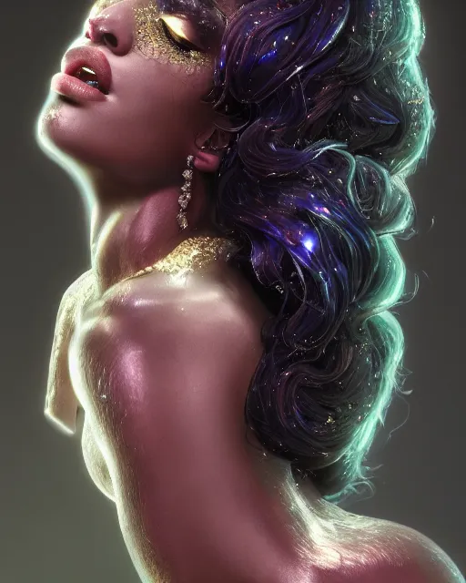 Image similar to beauteous sumptuous dark empress with incredible iridescent pearlescent voluminous hair, photorealistic crystalline masterpiece incrustations, hyperdetailed kind face, elegant pose, movie still, cinematic forest lighting, intricate accuracy, octane render, cgsociety, artgerm, unreal engine, crepuscular rays, god rays