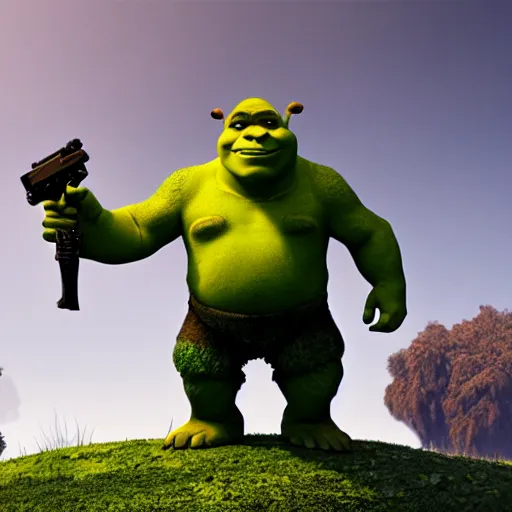 Image similar to shrek as gun, masterpiece, highly detailed, high quality, 4 k, anatomically correct, hyperrealistic, concept art, octane render, unreal engine 5, trending on artstation, trending on deviantart, matte, historical painting, fantasy style, path traced, high coherence, soft lighting, digital painting, mythical