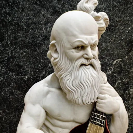 Image similar to epic greek marble statue of a bald man with a long beard, holding a guitar, photo, chiaroscuro