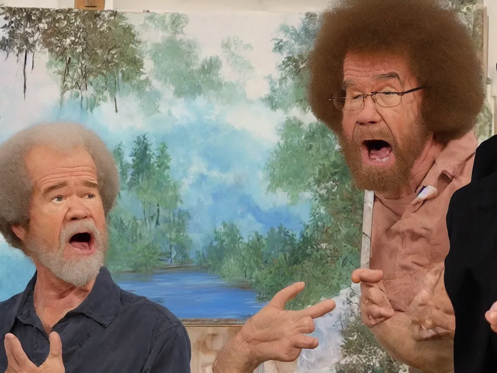 Image similar to old bob ross is sad and angry and yelling at a huge painting by bob ross