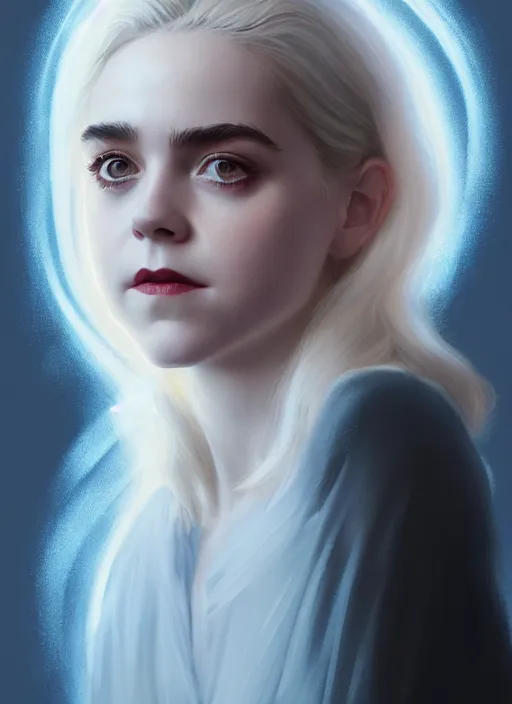 Image similar to portrait of kiernan shipka as sabrina spellman, white hair, intricate, elegant, glowing lights, highly detailed, digital painting, artstation, concept art, smooth, sharp focus, illustration, art by wlop, mars ravelo and greg rutkowski