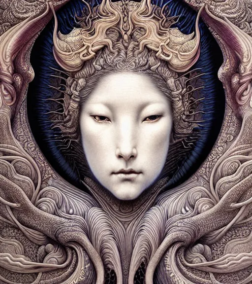 Image similar to detailed realistic beautiful kitsune goddess face portrait by jean delville, gustave dore, iris van herpen and marco mazzoni, art forms of nature by ernst haeckel, art nouveau, symbolist, visionary, gothic, neo - gothic, pre - raphaelite, fractal lace, intricate alien botanicals, ai biodiversity, surreality, hyperdetailed ultrasharp octane render