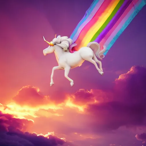 Prompt: a drop of rainbow riding a unicorn on a sunset full of clouds, octane render, unreal engine 4, hyperrealistic