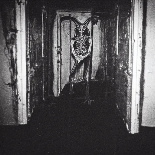 Image similar to a flash photo of creepy wendigo with an unnatural posture standing in a vantablack russian basement from the horror movie rec, shaky camera, it is deformed and is staring at the camera from the end of a dark liminal hallway. caught on vhs, film grain, national geographic award winning photography,