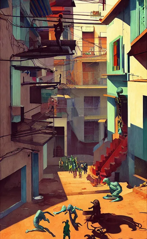 Prompt: Inside a Brazillian Favela, very coherent, painted by Edward Hopper, Wayne Barlowe, painted by James Gilleard, airbrush, art by JamesJean