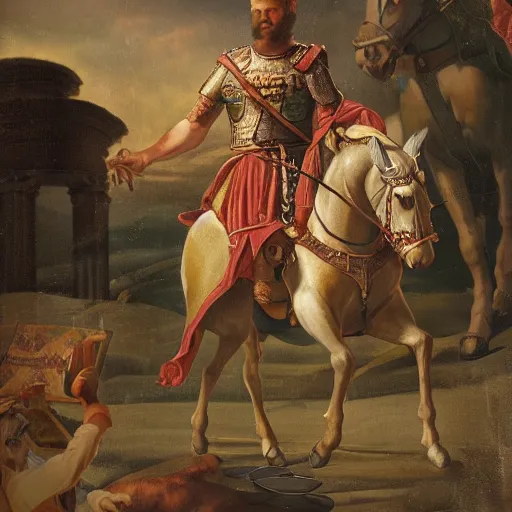 Prompt: roman emperor leonid riding the horse and eating kebab and wearing sleeping suite, a close view, hyperrealistic, 8 k