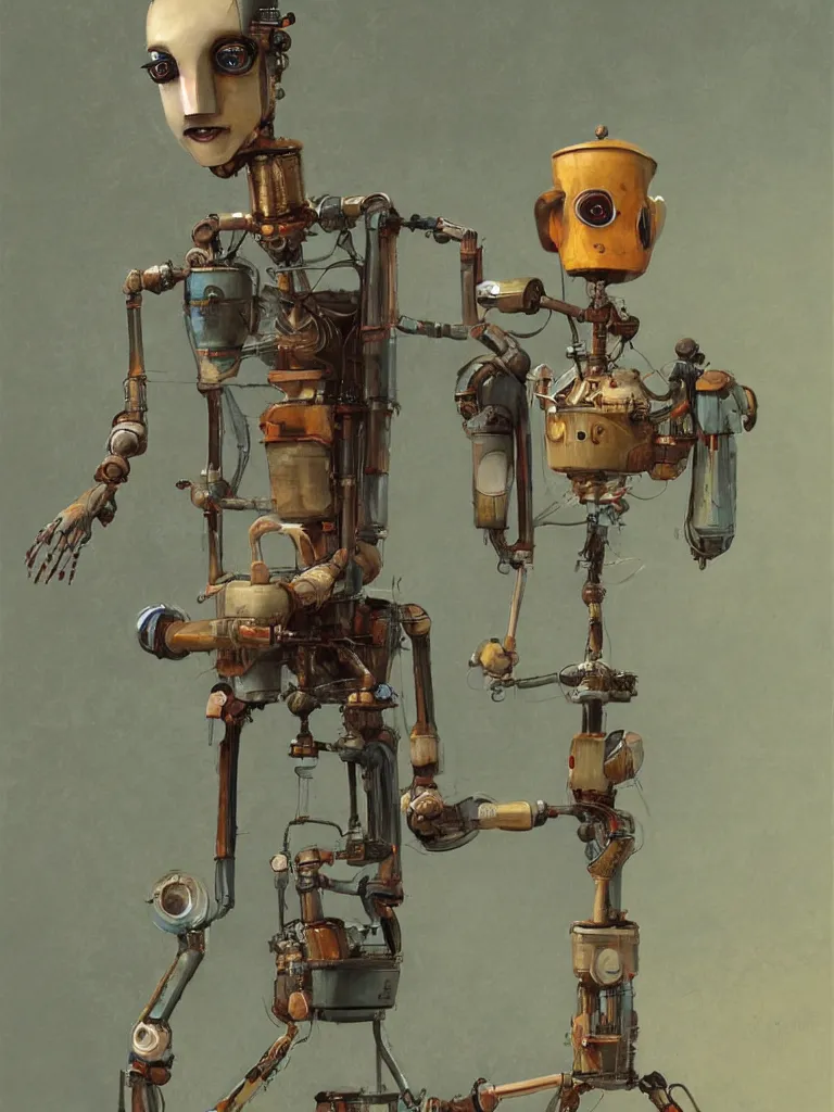 Image similar to full-length portrait of a singular old mechanical humanoid robot offering a cup of steaming coffee, by Esao Andrews, sharp focus, fresh colors, deviantart, conceptart