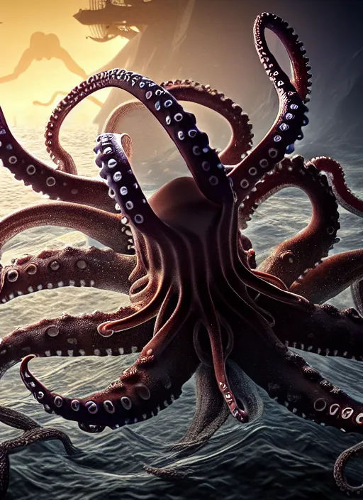 Image similar to detailed image of trident octopus's hunting, kid snorkeling, very coherent symmetrical artwork, cinematic, hyper realism, high detail, octane render, unreal engine, 8k, full body character drawing, clean ink detailed line drawing, intricate detail, extremely detailed.