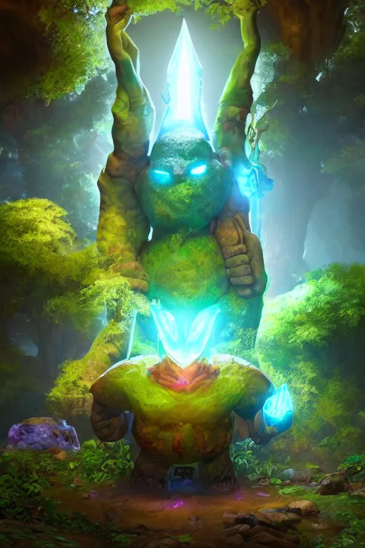 Image similar to arcane fantasy art giant golem elemental wood rock bastion forged gemstone enchanted forest troll, global illumination ray tracing hdr fanart arstation by sung choi and eric pfeiffer and gabriel garza and casper konefal lisa frank zbrush central hardmesh radiating a glowing aura