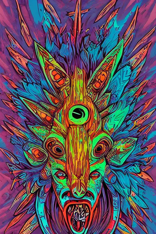 Image similar to totem animal tribal chaman vodoo mask feather gemstone plant wood rock video game illustration vivid color borderlands by josan gonzales and dan mumford radiating a glowing aura