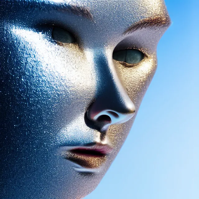 Image similar to portrait of metallic face, mercury, mirror reflections, smooth texture, liquid metal, proud, looking away, outdoor shot, blue sky, 8 k, realistic, depth of field, highly detailed, award winning photography