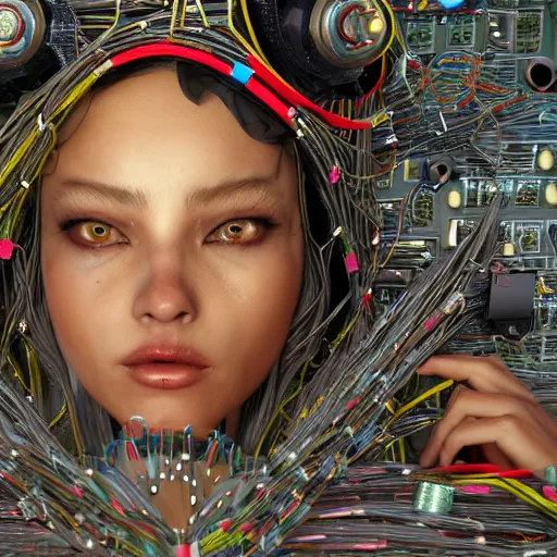 Image similar to deeper into the metaverse we go, piles of modular synth cables, kawaii puerto rican goddess swimming up wearing a headpiece made of circuit boards, by cameron gray, wlop, stanley kubrick, masamune, hideki anno, jamie hewlett, unique perspective, trending on artstation, 3 d render, vivid