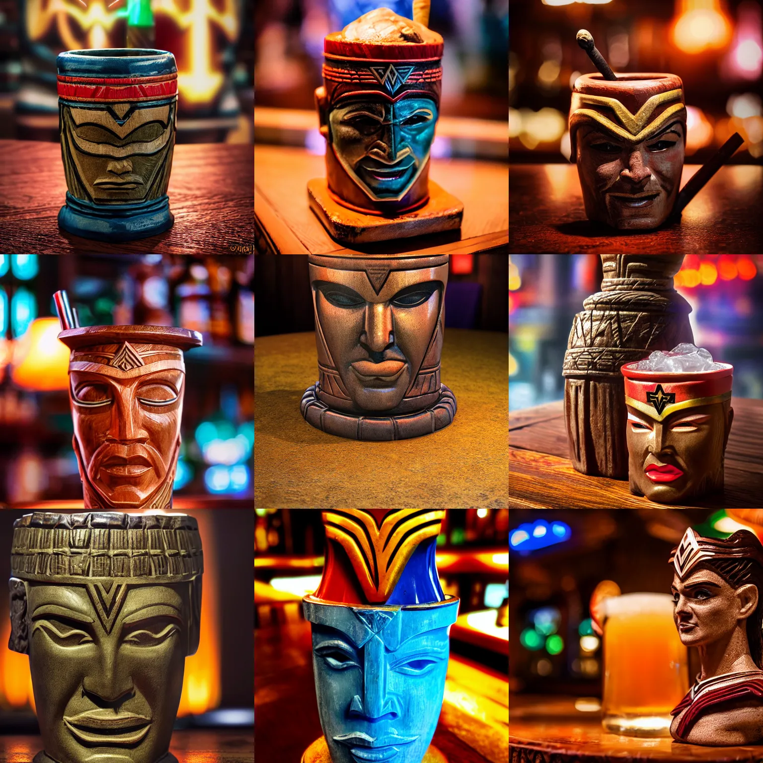 Prompt: a closeup photorealistic photograph of wonder woman style tiki mug at trader vic's bar. tiki culture. brightly lit scene. this 4 k hd image is trending on artstation, featured on behance, well - rendered, extra crisp, features intricate detail, epic composition and the style of unreal engine.