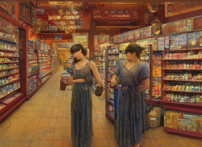 Prompt: people interior convenience store in the style of jeremy enecio, intricate, miles johnston, monet, cynical realism, john william godward, painterly, yoshitaka amano, miles johnston, louise zhang, pekka halonen, finnish naturalism, realism