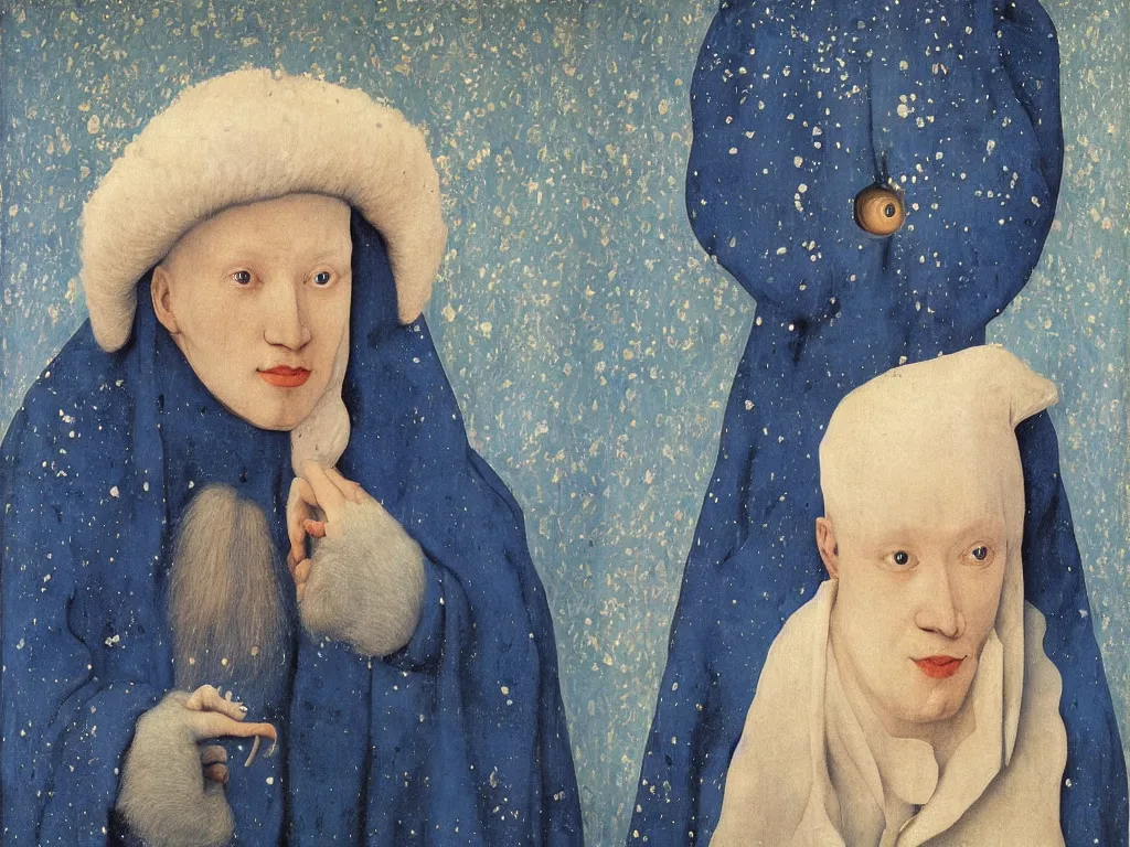 Prompt: Portrait of albino mystic with blue eyes, with snow. Painting by Jan van Eyck, Audubon, Rene Magritte, Agnes Pelton, Max Ernst, Walton Ford