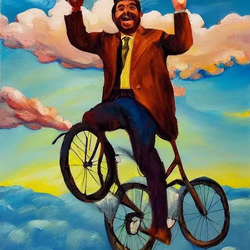 Image similar to A whimsical painting of a happy man flying in the sky on his bicycle in the clouds, action shot, subject is smiling, expressive oil painting