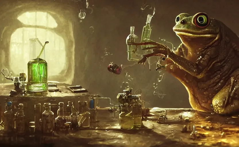 Prompt: highly detailed portrait of an evil cyberpunk frog making a poisonous drink in his alchemist laboratory, fantasy art by greg rutkowski