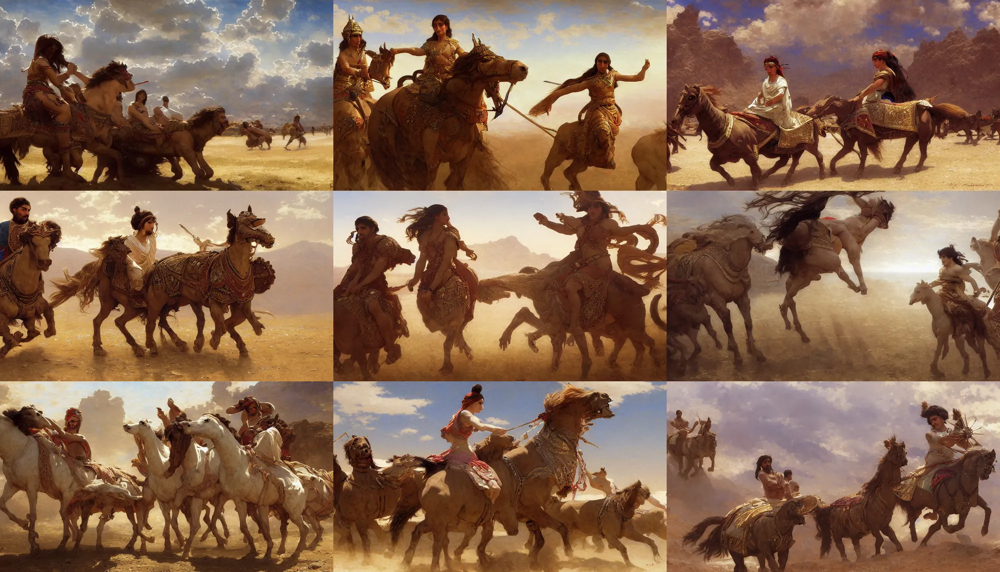 Prompt: assyrian chariots , mountain steppe, intricate, elegant, highly detailed, digital painting, artstation, concept art, smooth, sharp focus, illustration, orientalism, bouguereau, rutkowski, mucha