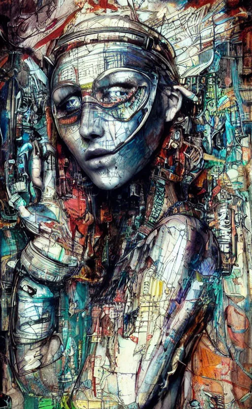 Prompt: beautiful girl made of mech mask rendered in unreal engine, cyberpunk, full body, rave, scifi, painted by albrecht durer | bernard buffet | carne griffiths | wlop