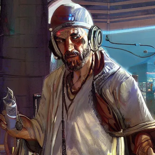 Prompt: Xerxes the Beggar priest with cyberpunk headset in a busy spaceport on Poseidon 5 colony. Gritty Concept art by James Gurney.