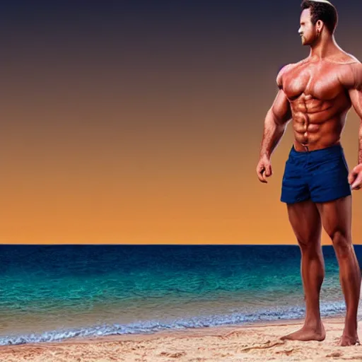 Image similar to a handsome muscular man at the beach realistic