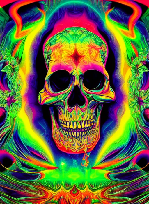 Prompt: psychedelic skull infinite fractal worlds bright neon colors highly detailed cinematic artwork by franz marc