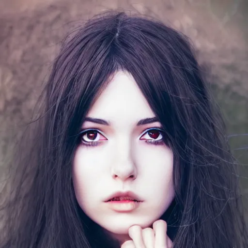 Prompt: young woman with long wavy ashen hair, eyes dyed black, anime