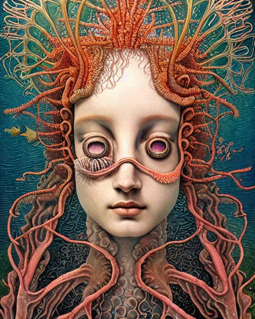 Prompt: realistic detailed underwater portrait of the beutiful young goddess of the fish of the three times with an intricate headdress of corals, sea kelp, sea plants, fish, jellyfish, art by ernst haeckel, zdzisław beksinski, gothic, neo - gothic, ornamental,