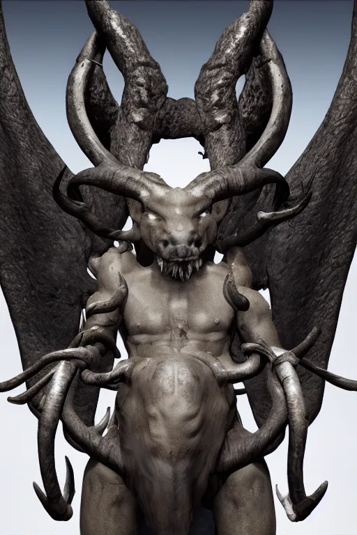 Prompt: an unreal engine render of a pagan god + creature with large black eyes and wide tall horns, hyper realistic, detailed anatomy