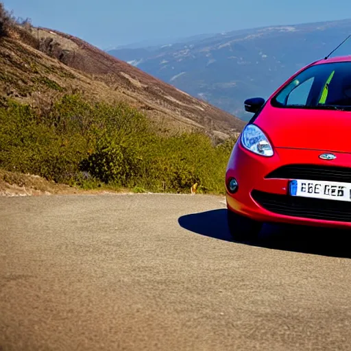 Prompt: red ford fiesta mk 5 zetec on a mountain road, spain, award winning photograph, golden hour