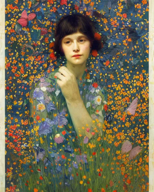 Prompt: a beautiful girl covered with butterflies wearing a colourful patterned dress surrounded by wild flowers, painted by edgar maxence, edward hopper, wayne barlowe, james gilleard and james jean