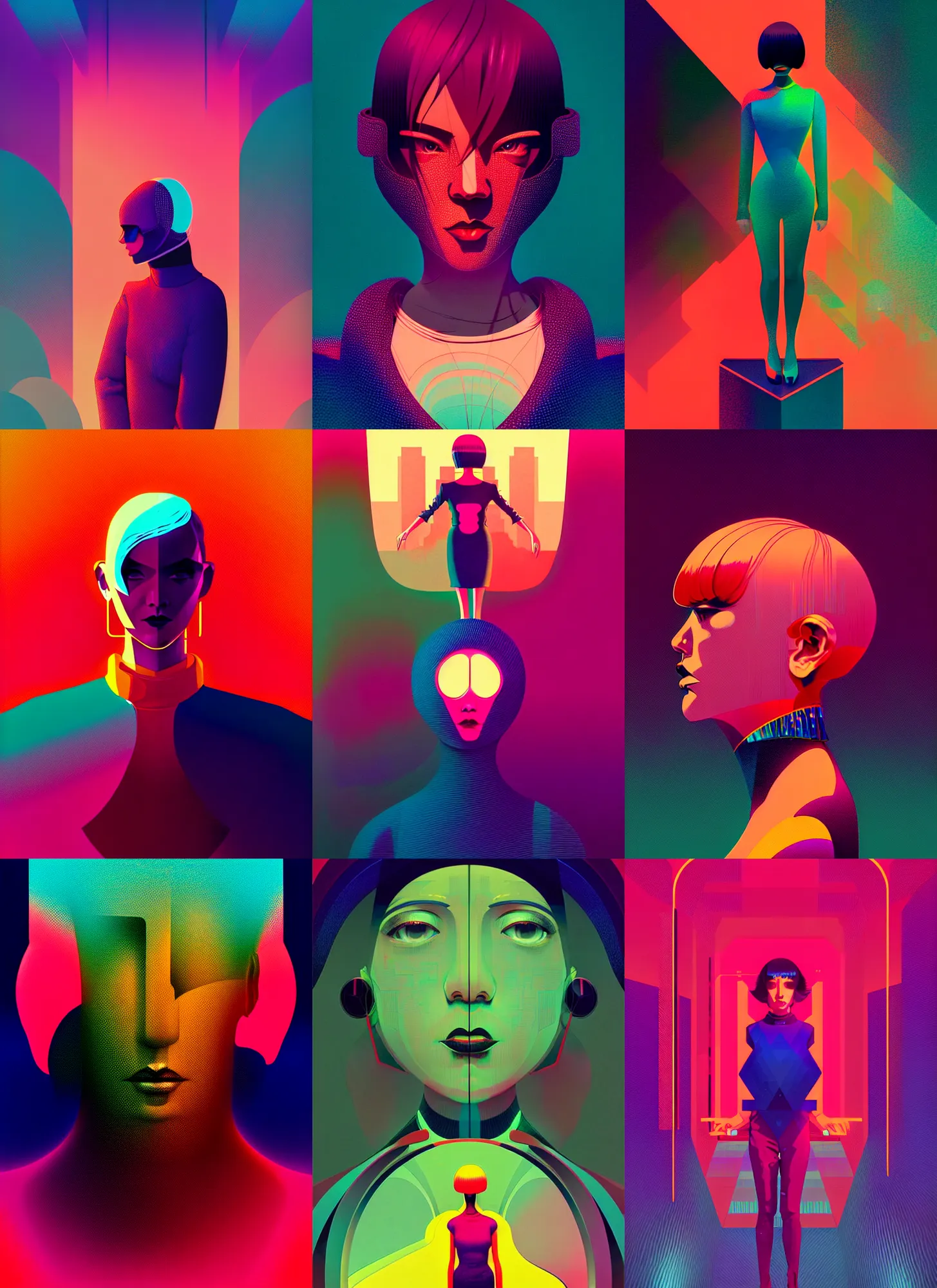 Prompt: ( ( dither ) ), editorial illustration portrait of reol, dynamic pose, modern art deco, colorful, ( ( mads berg ) ), christopher balaskas, victo ngai, rich grainy texture, detailed, dynamic composition, wide angle, moebius, matte print, ( ( glitch art ) )