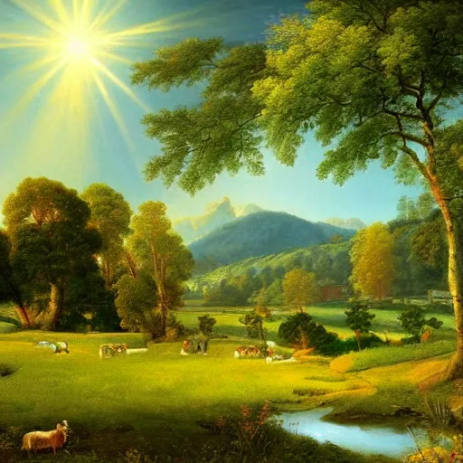 Image similar to a calm meadow, picnic, harmony of nature, infinite dawn, angelic light, sparkling dew, by asher brown durand, by iyoshitaka amano