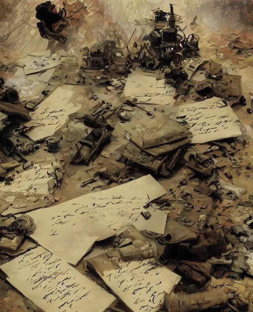 Prompt: a painting of lots of words in a hand written letter by a soldier in el alamein battle, war wwii, explosions, black and white, jeremy mann, alphonse mucha