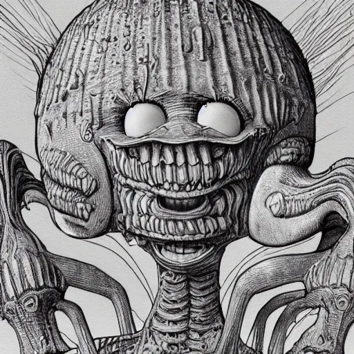 Image similar to detailed realistic illustration of spongebob, in the style of h r giger and moebius and wayne barlowe