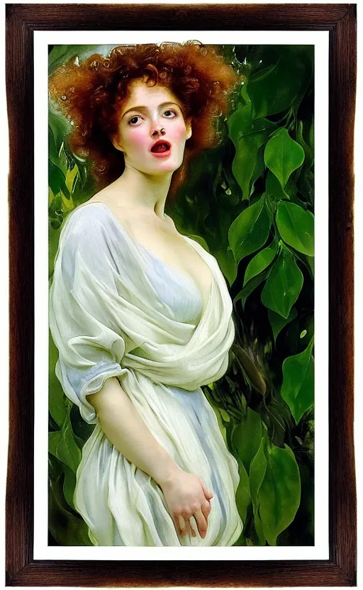 Image similar to 8 k uhd the face of a young woman with marble complexion, angelic features, her face framed with curls, her head raised in rapture, laughing, symmetrical eyes, watercolor by john singer sargent, background lush vegetation, insects and birds