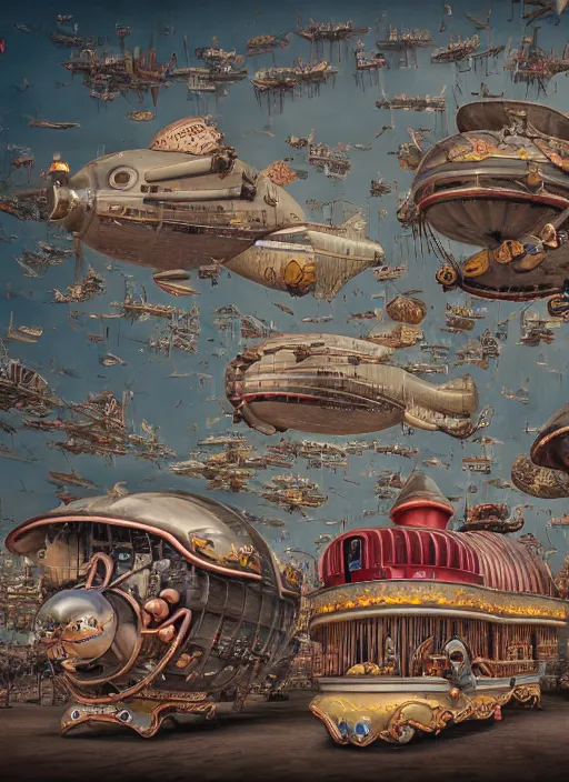 Image similar to wide - angle portrait of tin toy airship parade, depth of field, zeiss lens, detailed, symmetrical, centered, fashion photoshoot, by nicoletta ceccoli, mark ryden, lostfish, earl nore, hyung tae, frank frazetta, breathtaking, 8 k resolution, extremely detailed, beautiful, establishing shot, artistic, hyperrealistic, octane render