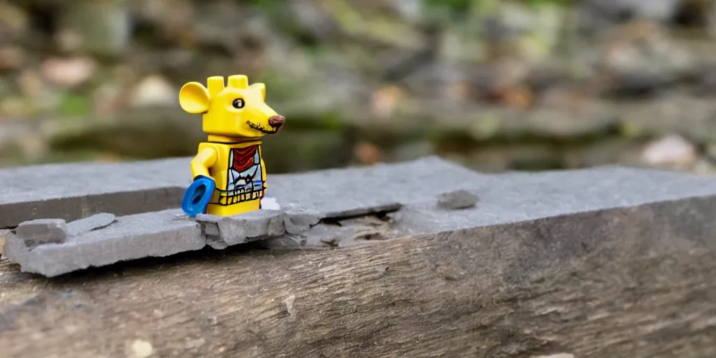 Image similar to A lego rat sitting on a lego bridge over a lego river