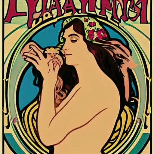Image similar to art nouveau poster of a south american woman touching the head of a llama, her face shown in profile, in the style of alphonse mucha