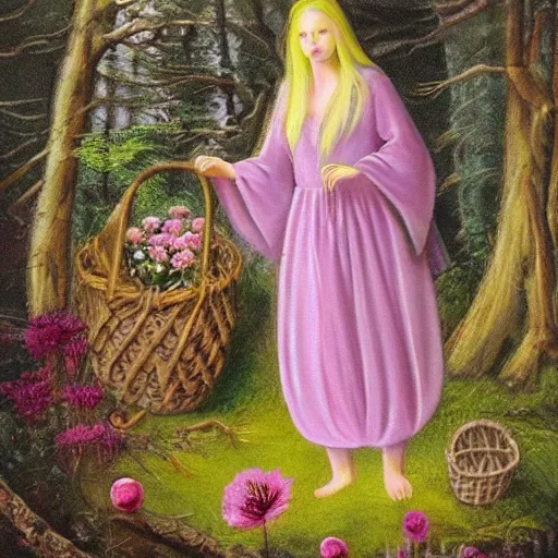 Image similar to random, intuitive by leticia gillett, by jozsef rippl - ronai light violet. a experimental art of a vasilisa standing in the forest, surrounded by animals. she is holding a basket of flowers in one hand & a spindle in the other. gentle expression. in the background, the forest is dark & mysterious.